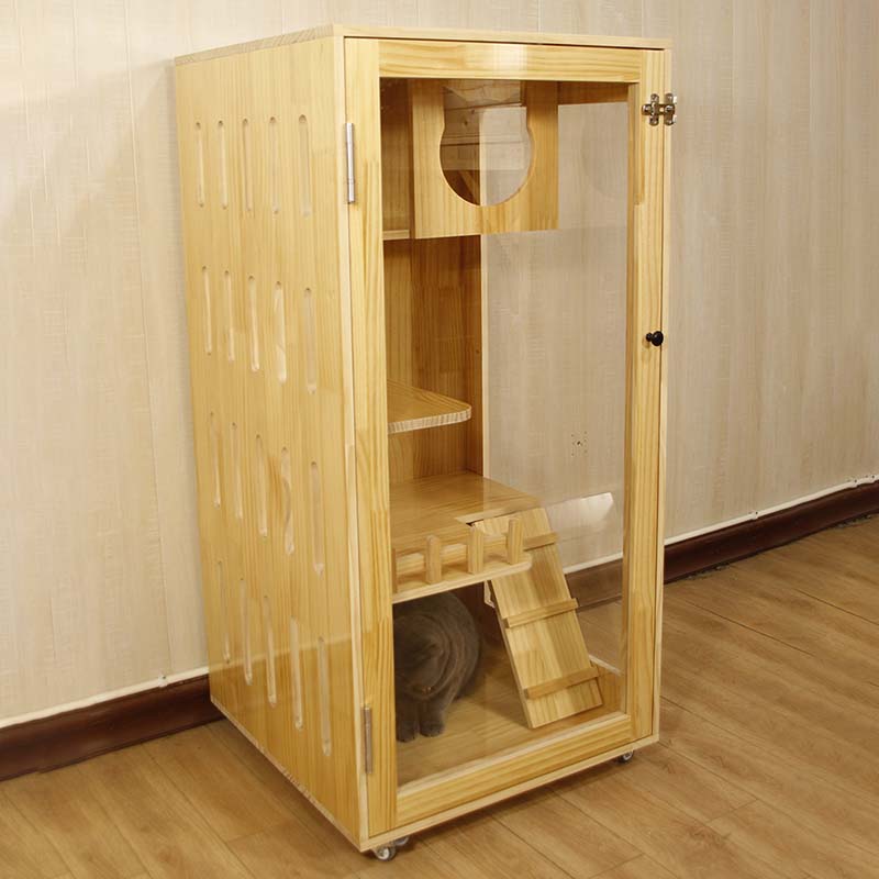 Casa de gato para animais de estimação OEM de fábrica de madeira com janela de acrílico-2