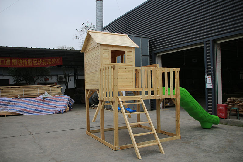 Wooden Gable Roof Wood Children's Playhouse with Windows Nature Pressure Treated Wood Type-11